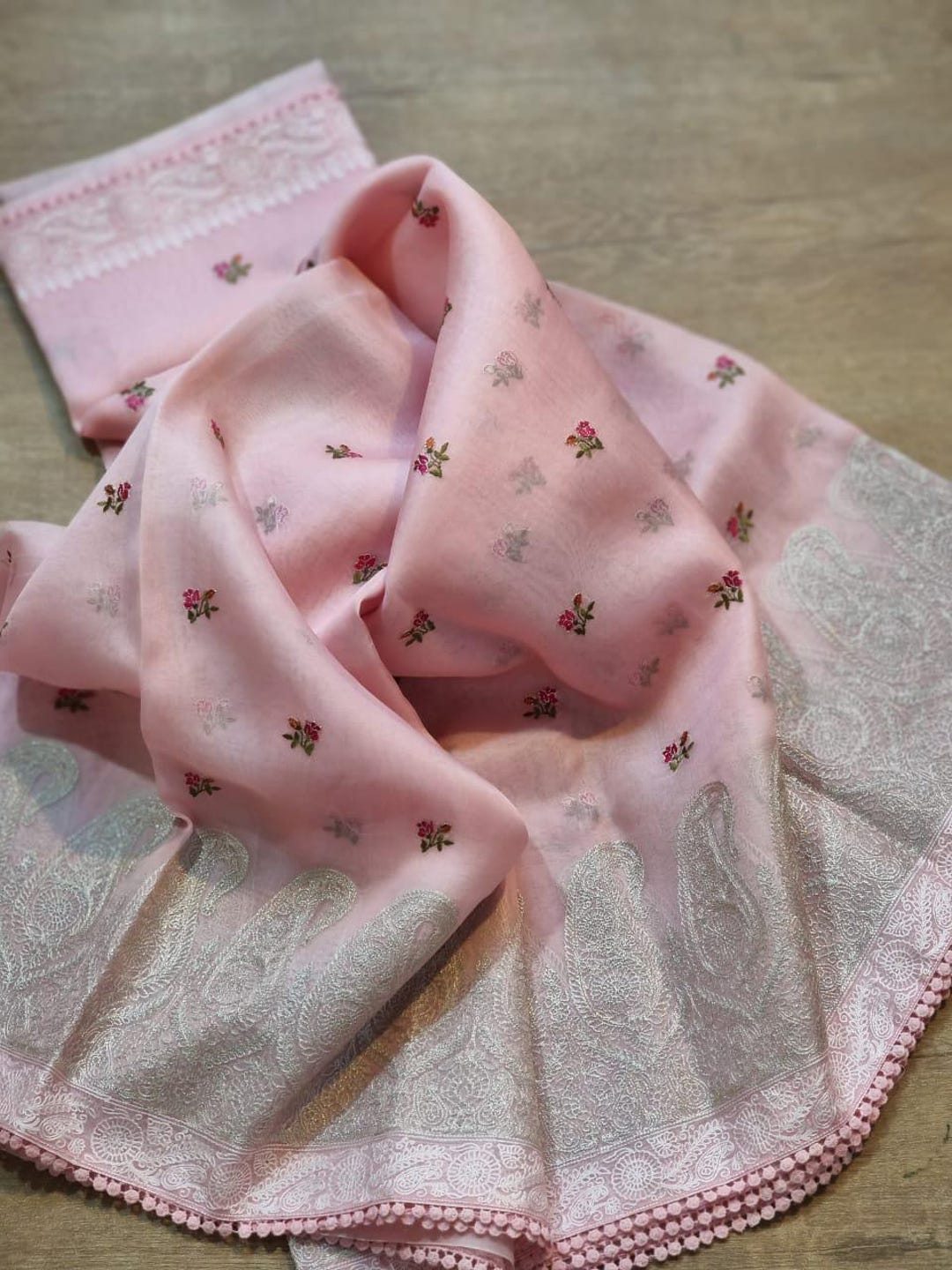 Pink Organza Tissue Silk Printed Embellished saree