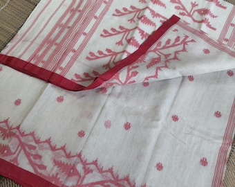 Pure cotton Saree/ Traditional Primium Quality Pure Cotton Bengal handloom  Jamdani in White with Red design
