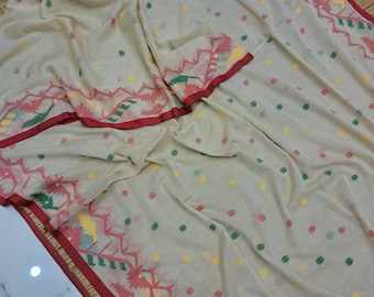 Pure cotton Saree/ Traditional Primium Quality Pure Cotton Bengal handloom  Jamdani in White with Multicolored design
