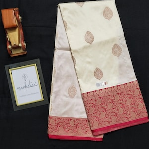 Exclusive Katan Banarasi Silk Saree | Ivory & Red Contrast | Pure Silk | Silk Mark Certified | Wedding Banarasi | Festive Wear | MONBAHARI