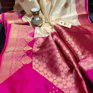 Weiß Rosa Katan Banarasi Saree/reine katan Banarasi Saree mit antiken zari Weben/Bridal Saree/Weeding Banarasi/Ready to ship Saree