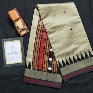 Primium Ghicha Tussur Silk Saree with Maroon Border | Temple Design | Dolabedi Pallu | Handwoven | Silk Mark Certified | Diwali Saree