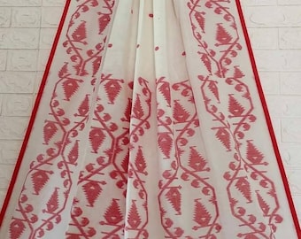 Pure cotton saree/ Bengal Handloom jamdani saree in Pure Cotton| Red white Handwoven Mercerised cotton Jamdani Saree
