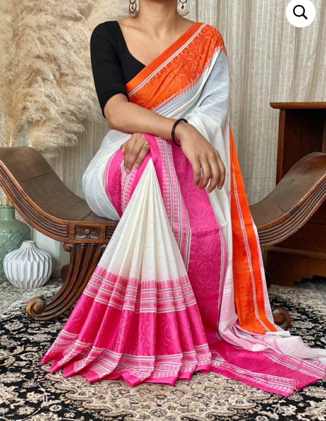 Bengali Pure Khadi Begumpuri Saree With Pink and Orangr Wide Border and Plain White Bodysummer Friendly Khadi Cotton Saree Etsy UK