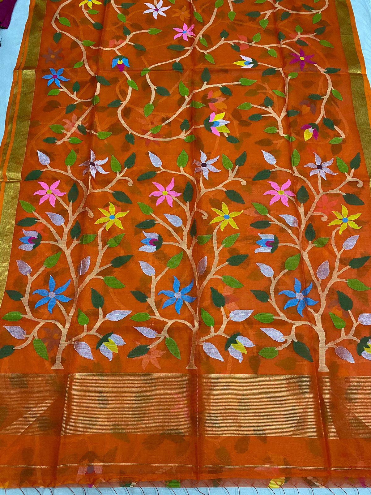 Primium quality handcrafted Pure tantuja Muslin Jamdani Saree in deep purple color with Alloverbody Jamdani weaving.Handloom mark certified.
