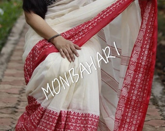 Bengali Cotton Saree/ Pure Khadi Cotton Begumpuri Saree with Black and Red Wide Border and Plain White Body/ Saree for Her