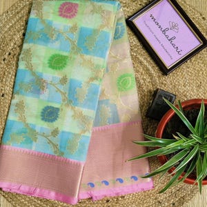 Pastel Blue Semi Organza Saree with Pink Zari Border & Multicolor Minakari Weaving| Lightweight Festive Saree | Durga PujaSaree,Wedding Wear