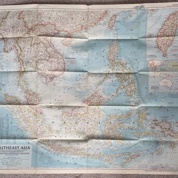 Vintage Southeast Asia Map / Large 1950s Wall Art / Travel History Theme Home Decor / Theater Staging Props