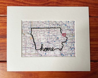 Iowa Embroidered Map Art: Personalized Home State Gift