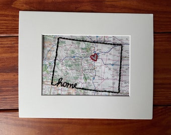 Arte del mapa bordado de Colorado: regalo personalizado del estado de origen