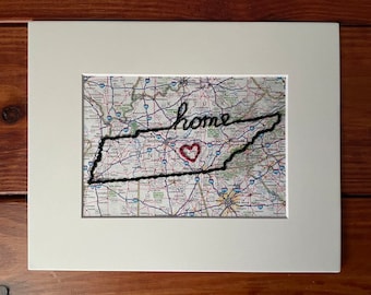 Arte bordado con el mapa de Tennessee: decoración de pared personalizada para tu estado de origen