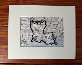 Arte del mapa bordado de Luisiana: regalo personalizado del estado de origen
