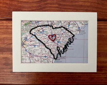 Arte bordado con el mapa de Carolina del Sur: regalo personalizado del estado de origen