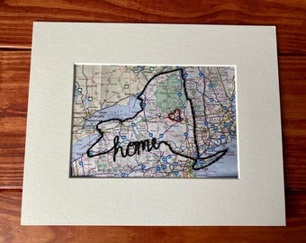 Arte bordado con el mapa de Nueva York: decoración de pared personalizada con el estado de origen