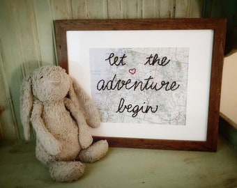 Mapa bordado, "Que comience la aventura", decoración de viaje para habitación infantil