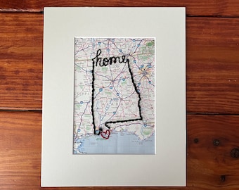 Mapa bordado de Alabama: Decoración de pared personalizada para mostrar el orgullo estatal.
