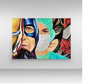 May include: A digital painting of three superheroes, Iron Man, Captain America, and Batman, wearing surgical masks. The superheroes are depicted as healthcare workers, with the background resembling a hospital setting.