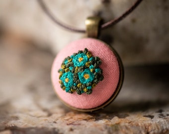 Blue Floral Bouquet Necklace- Hand Embroidered