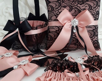 Black Dusty Rose Wedding Set, Flower Girl Basket and Ring Bearer Pillow Set, Wedding  Decor Knife Serving, Bridal Belt, Garter for Bride