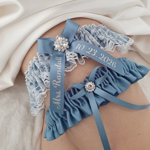 French Blue Wedding Garter for Brides Bridal Garter Set Personalized Toss Keepsake Garter Name Something Blue Bridal Shower Gift for Her