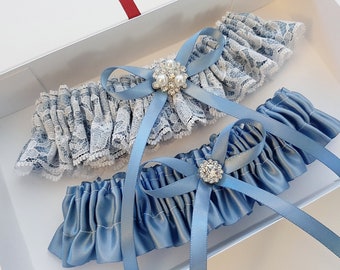 Gold Horse Wedding Garters, Stretch Lace Bridal Garters, Something Blue