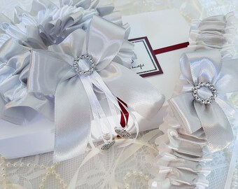 Initial Charm Personalized SilverGray Garters Silver White Wedding Garters Custom Garter Monogram