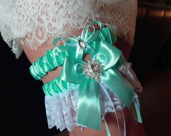 Bridal garter tossing garter wedding garter mint green shamrock irish turquoise ivory diamond