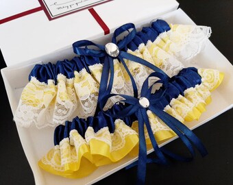 Wedding Garters Yellow Navy Blue White Set Keepsake Toss Prom Homecoming