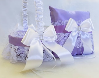 Flower Girl Basket, Ring Bearer Pillow, Lavender Wedding, Purple Wedding Pillow Basket Set, Wedding Accessories, Basket For Flower Girl