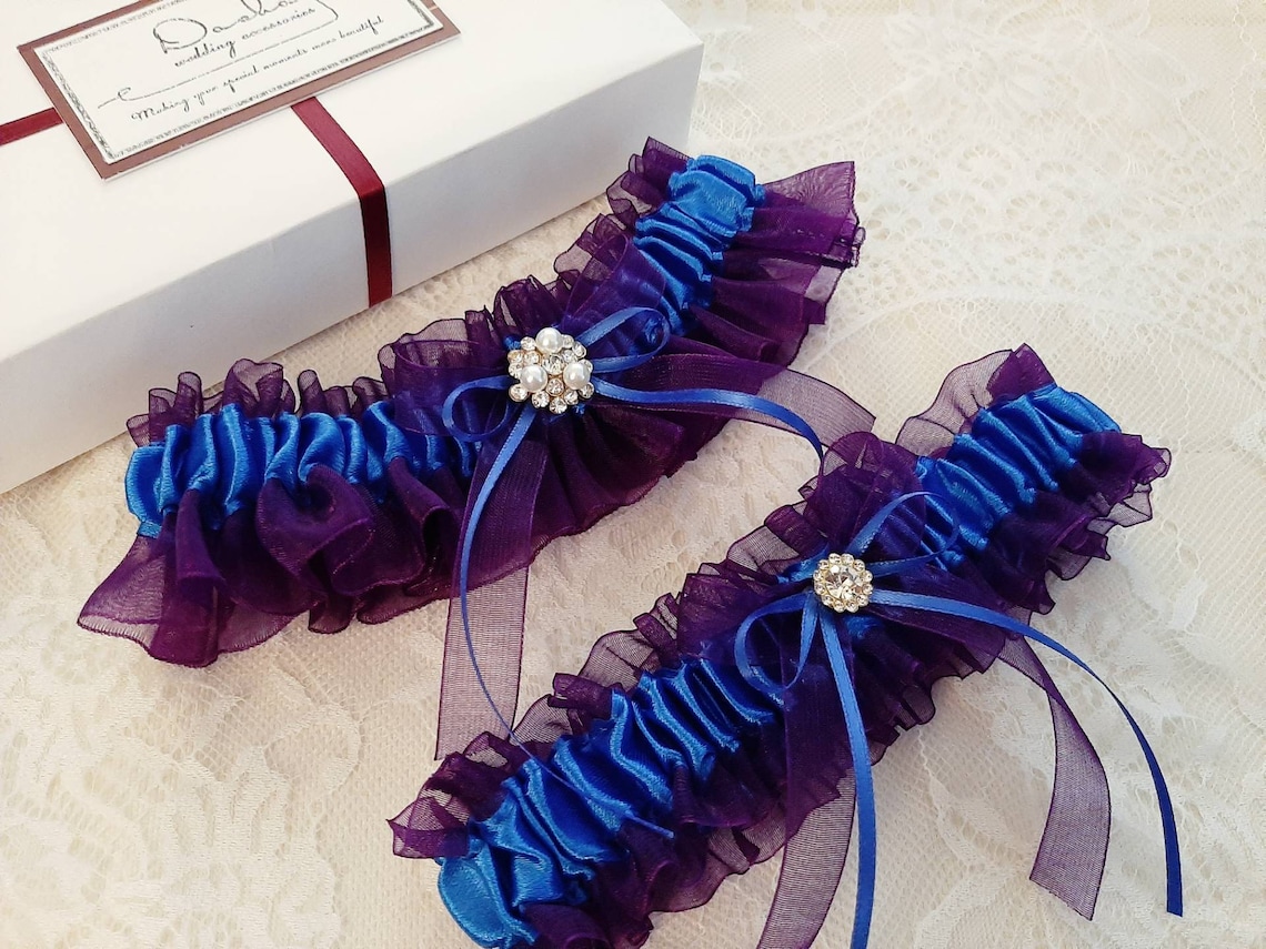 Purple Royal Blue Wedding Garter Set Bridal Garter Set image 3