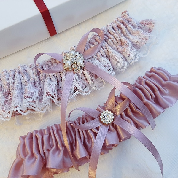 Mauve Wedding Garter Set, Bridal Garter Set, Garters For Wedding, Garter For Bride, Dusty Rose Wedding Decor