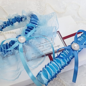 Blue Wedding Garter Set, Blue Bridal Garter Set, Blue Garter Set, Personalized Garter, Blue Garter for Bride, Something Blue Garter
