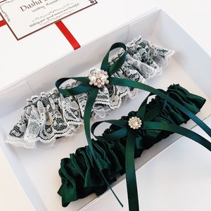 Dark Green Wedding Garter, Lace Bridal Garter Set, Garter Set, Garter For Bride, Garter Belt For Wedding, Prom Garter, Leg Garter