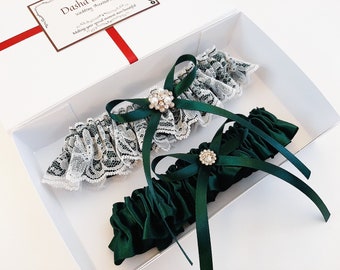 Dark Green Wedding Garter, Lace Bridal Garter Set, Garter Set, Garter For Bride, Garter Belt For Wedding, Prom Garter, Leg Garter