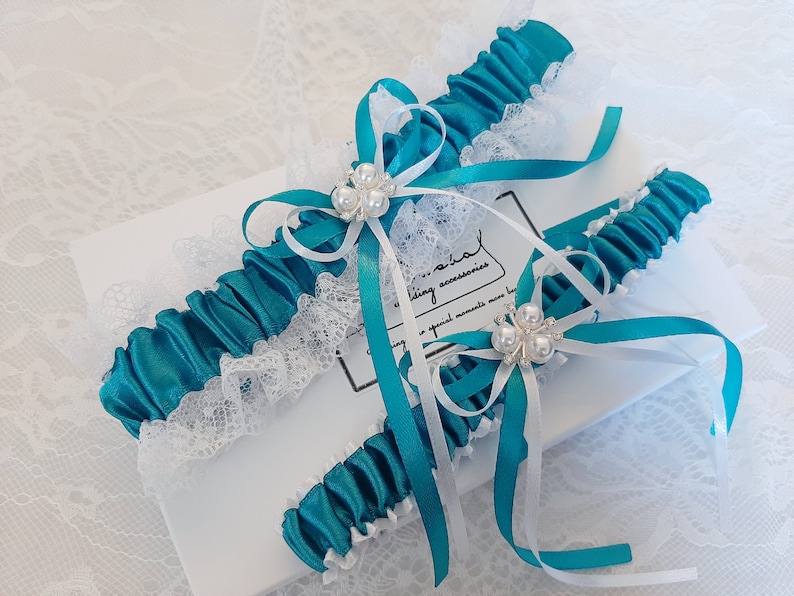 Teal Wedding Garter Set, Teal Bridal Garter Set, Handmade, Personalized Garter Set, Custom Garter Set with Toss image 9