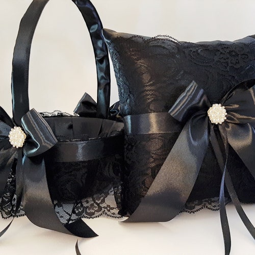 Flower Girl Basket and Ring Bearer Pillow Set Black White Gold Etsy