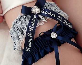 Blue Garter, Wedding Garter Set, Bridal Garter Personalized Toss Keepsake Leg Garter Name Something Blue Bridal Shower Gift for Her