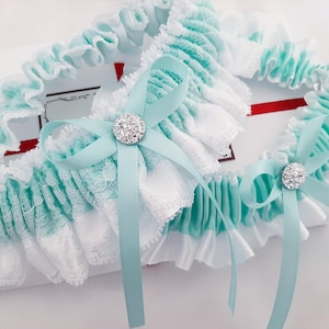 Aqua blue (Mint) Wedding Garter Set, Lace Bridal Garter Set, Handmade, Personalized Garter Set, Custom Garter Set with Toss