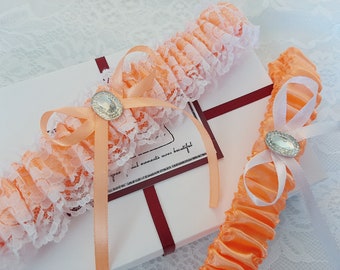 Light Orange Wedding Garter Set, White Lace Bridal  Garter Set, Handmade, Personalized Garter Set, Custom  Garter Set with Toss