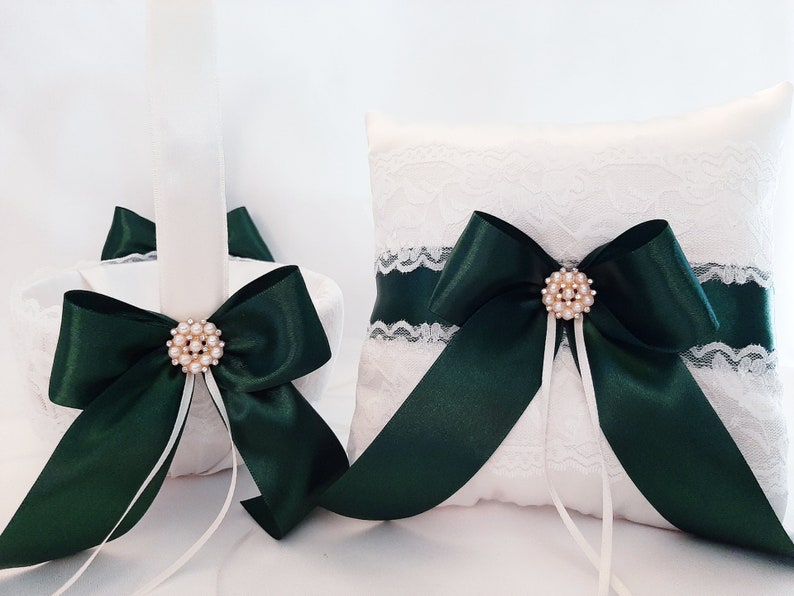 Ring Bearer Pillow, Ring Pillow, Dark Green Ivory Flower Girl Basket And Pillow Set, Ring Bearer Pillow, Wedding Ring Pillow, Ring Bearer image 9