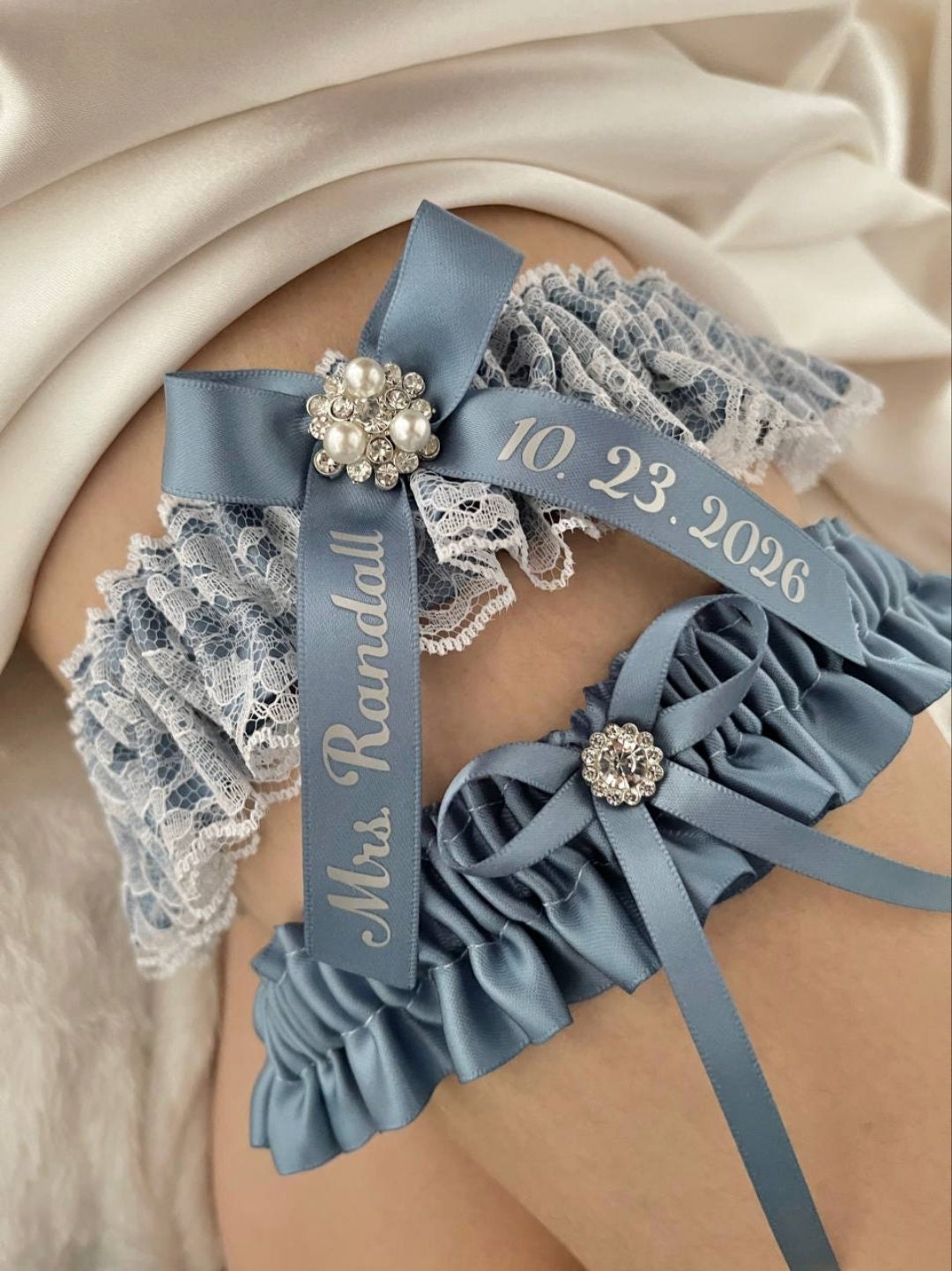 Giarrettiera Sposa Blu - Pizzo, Fiocco E Strass, Taglia Unica - Foto 6