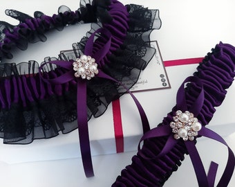 Black and Plum Garter, Garter Set, Wedding Garter Set, Garter Belt, Gothic Wedding, Black Bridal Garter, Wedding garters, Garter For Bride