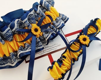 Navy Blue Golden Yellow Wedding Garter Set, Ivory Lace Bridal Garter Set, Sunflower Garter Set, Rustic Garter Belt