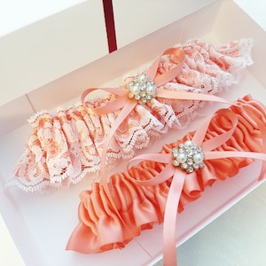 Coral Wedding Garter, Lace Bridal Garter Set, Coral Garter Set, Garter For Bride, Garter Belt For Wedding, Prom Garter, Leg Garter