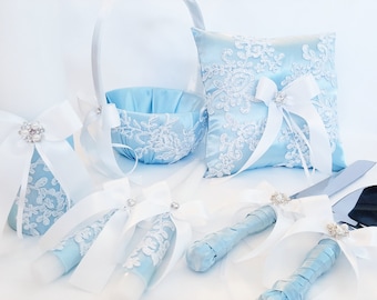 Light Blue Wedding Set, Flower Girl Basket And Ring Bearer Pillow Set, Cake Serving Set, Unity Candle Set, Wedding Accessories