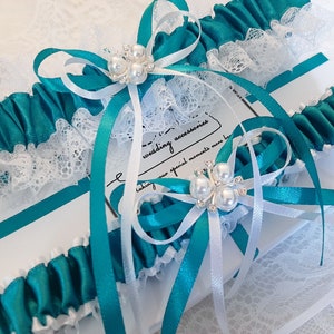 Teal Wedding Garter Set, Teal Bridal Garter Set, Handmade, Personalized Garter Set, Custom Garter Set with Toss