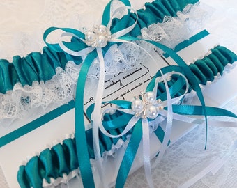 Teal Wedding Garter Set, Teal Bridal Garter Set, Handmade, Personalized Garter Set, Custom Garter Set with Toss