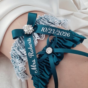 Teal Wedding Garter for Brides Bridal Garter Belt Set Personalized Toss Keepsake Garter Name Deep Dark Teal Bridal Shower Gift for Her