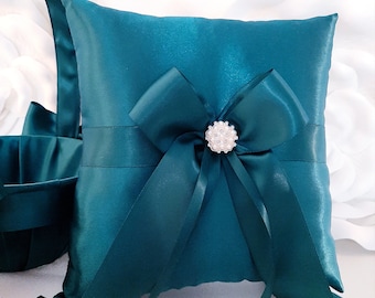 Ring Bearer Pillow, Teal Wedding  Ring Pillow, Flower Girl Basket And Pillow, Ring Pillow, Wedding Ring Pillow, Ring Bearer