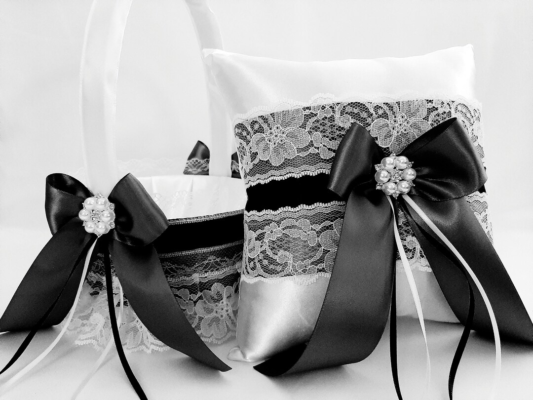 Black and White Flower Girl Basket and Ring Bearer Pillow Set, Flower